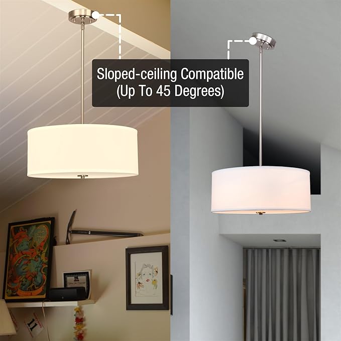 Kira Home Nolan 18" Classic 3-Light Drum Pendant Chandelier, White Fabric Shade + Round Glass Diffuser, Adjustable Height, Brushed Nickel Finish