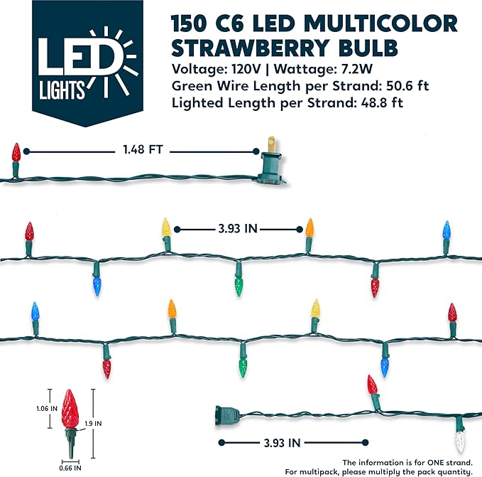 Joiedomi C6 LED Christmas String Lights,150 Count Strawberry Christmas Trees Lights, 50.6FT Connectable Multicolor for Indoor Outdoor Holiday Party Decor,Green Wire
