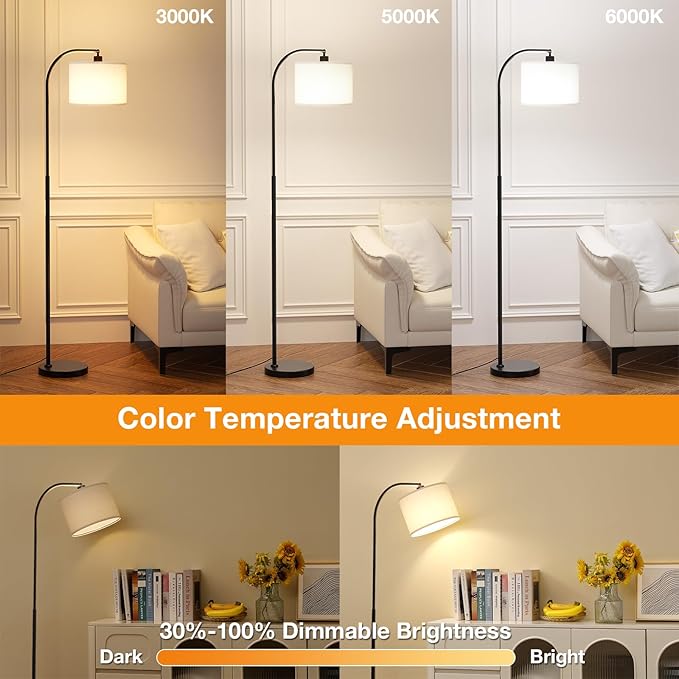 Arc Floor Lamp with Remote and Stepless Dimmable Bulb, Colors Temperature & Brightness Adjustable, Floor Lamps for Living Room（Deep Beige Shade & Black Pole）