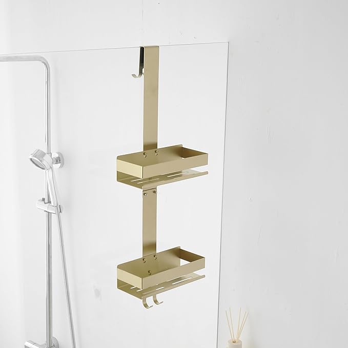 Gold Shower Caddy Over Shower Door - 2 Tier Hanging Shower Caddy Organizer No Drilling, Shower Storage Shelf for Indoor Shower, Bathroom, Bedroom, Kitchen