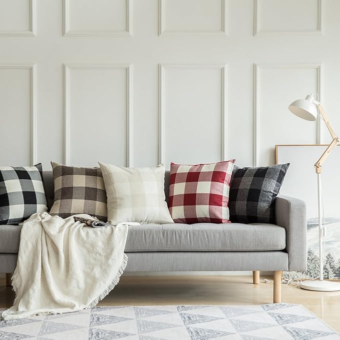 MIULEE Pack of 2 Christmas Classic Farmhouse Buffalo Check Plaids Polyester Linen Soft Solid White and Red Decorative Porch Throw Pillow Covers Home Decor Cushion Case for Sofa Bedroom 24 x 24 Inch