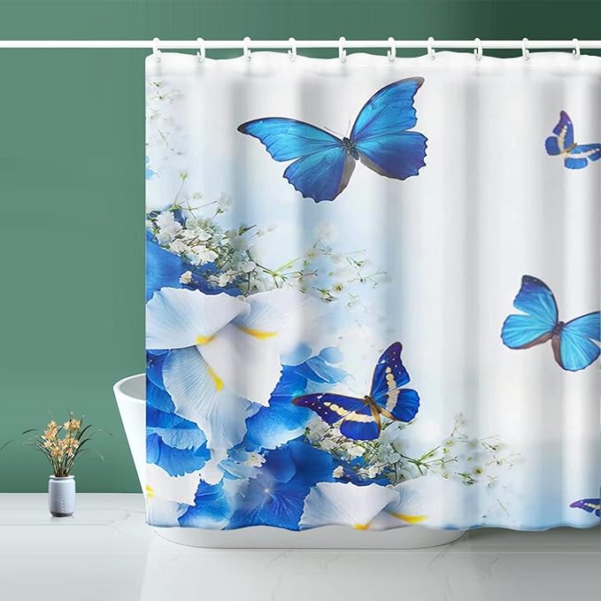 Shower Curtain, Fabric Shower Curtain Liner Butterfly Blue Shower Stall Curtain with 12 Hooks for Home Hotel Shower Curtains for Bathroom Waterproof Shower Curtain (72" X 72")