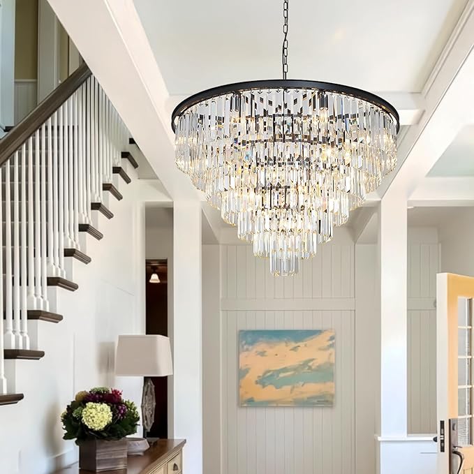 Large Crystal Chandeliers for High Ceiling, 7-Tier Modern Black Top K9 Dining Room Chandelier 17 Lights Luxury Round Ceiling Pendant Light Fixture for Living Room Entryway Staircase Foyer