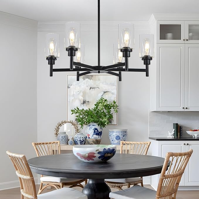 6 Light Farmhouse Chandelier Black Dining Room Light Fixture Over Table Industrial Hanging Pendant Lighting for Living Room Foyer Kitchen Island Adjustable Height E26 Socket with Glass Shade