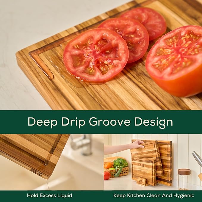 Non-Toxic Set 3 Acacia Cutting Board, Pre-Oiled Premium Wood Cutting Board with Juice Groove and Handles, Suitable for Chopping Meat, Vegetables, Included Gift Box, with Non Slip Feet