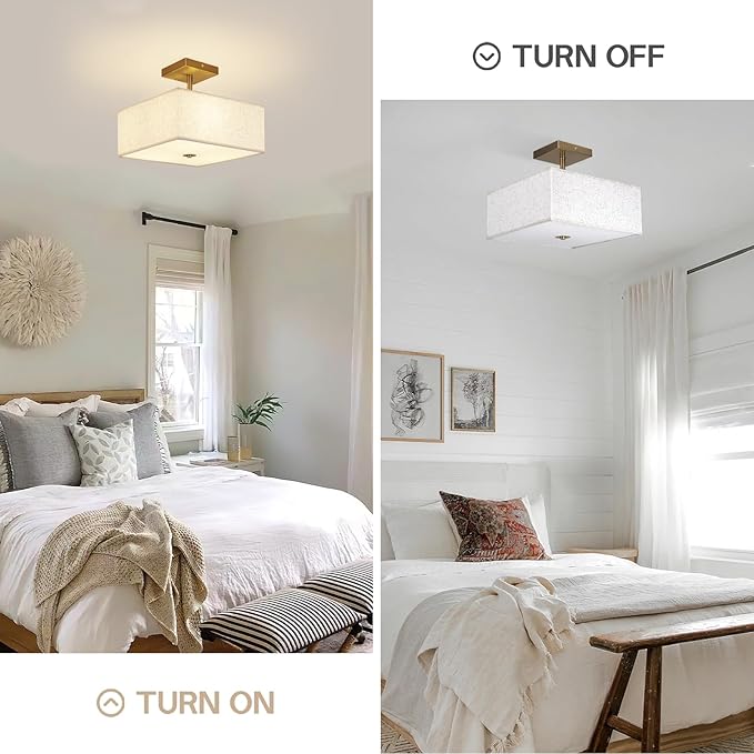 Modern Square Fabric Flush Mount Ceiling Light Fixture, Gold Brass Semi Flush Ceiling Lamp with Linen Shade, Rustic Lighting for Bedroom, Living Room, Dining Room, Hallway