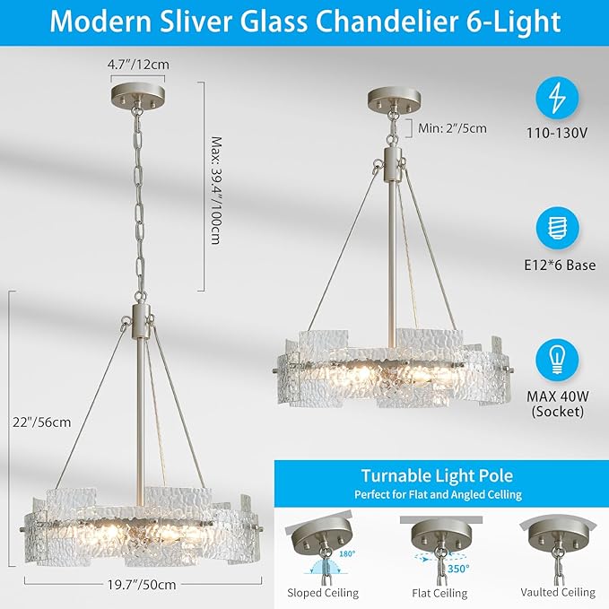 XINGQI Modern Farmhouse Chandelier 6-Light Silver Glass Drum Chandeliers 19.7" Height Adjustable Water Ripple Rustic Pendant Lighting Fixture for Dining Room Living Room Kitchen Island