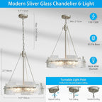 XINGQI Modern Farmhouse Chandelier 6-Light Silver Glass Drum Chandeliers 19.7" Height Adjustable Water Ripple Rustic Pendant Lighting Fixture for Dining Room Living Room Kitchen Island