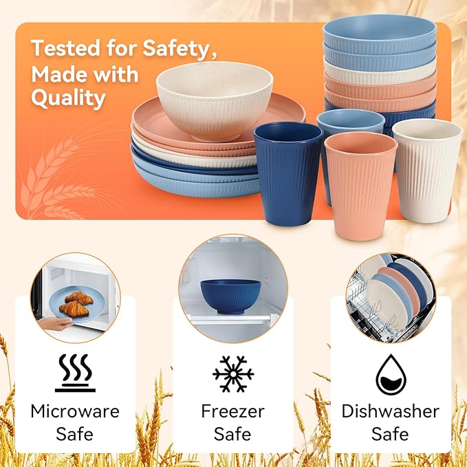 Wheat Straw Dinnerware Sets,64-Piece Plates and Bowls Sets for 8-Unbreakable,Reusable Plastic Dish Set-Dinner Plate/Dessert Plate/Cereal Bowl/Cup/Utensils-Microwave Dishwasher Safe 64P-Profound Gray