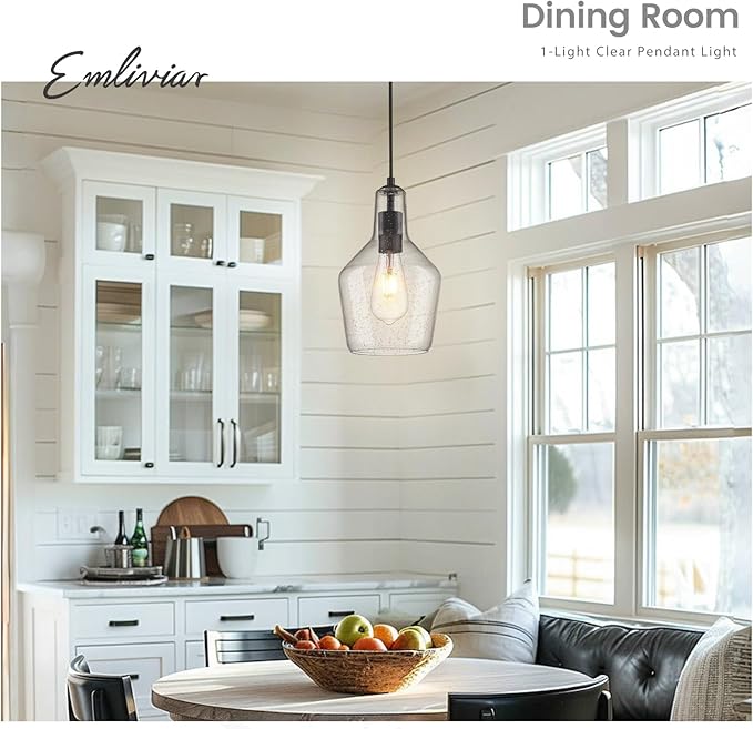 Emliviar 1-Light Hanging Light Fixture, Modern Kitchen Island Pendant Light with Clear Seeded Glass, Black Finish, DYE286G2-MIL BK