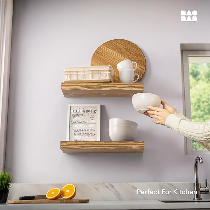 BAOBAB WORKSHOP Natural Wood Floating Shelves for Wall 16 inch - Floating Wall Shelves for Kitchen Bedroom - Wooden Bathroom Shelves - Floating Shelf - Oak Finish, 16" W x 6.7" D x 1.2”H