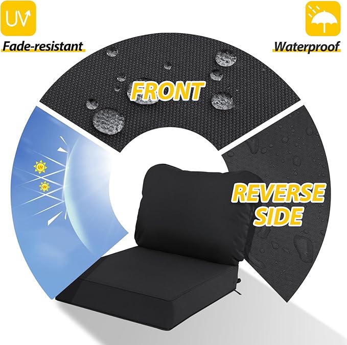 AAAAAcessories Outdoor Deep Seat Cushions, Waterproof, Fade-Resistant Patio Furniture Replacement Cushions, 25.5" x 25.5" x 5" + 25.5" x 19", Black