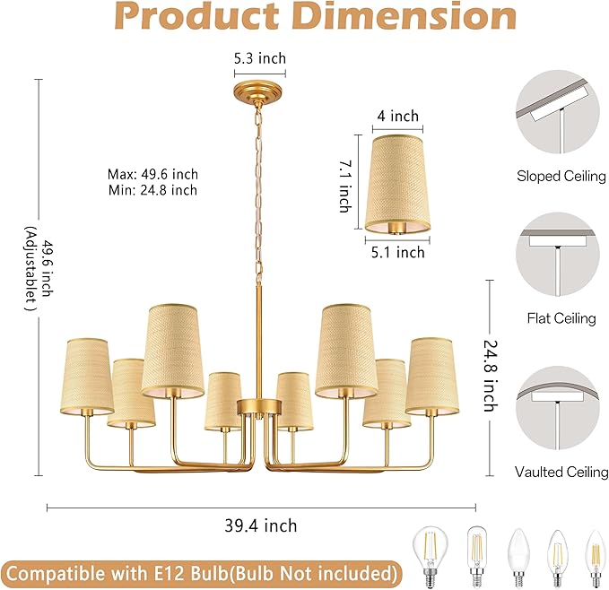 8-Light 39" Gold with Fabric Shades Chandelier Farmhouse Linear Island Lighting Fixture Large Adjustable Pendant Lighting Fixtures for Living Room Kitchen Island Dining Room