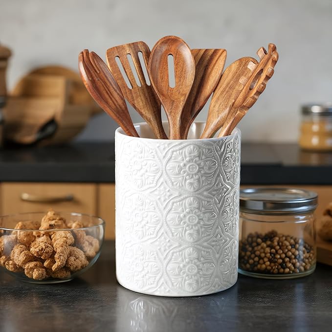 Ceramic Kitchen Utensil Holder for Countertop, Embossed Pattern Crock with Kiln-Fired Finish, Counter Organizer for Cooking Tools , White