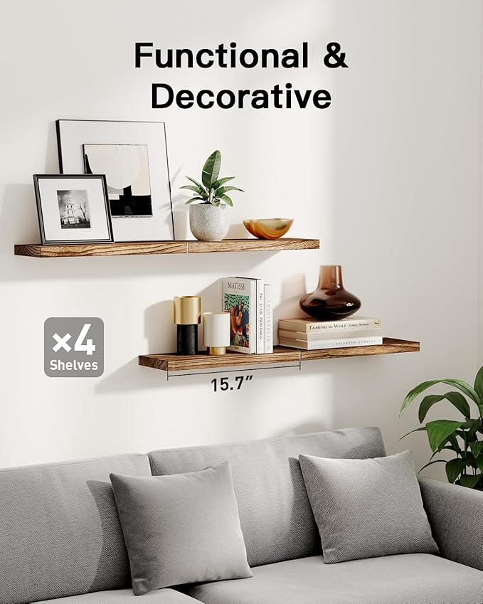 AMADA HOMEFURNISHING Floating Shelves, Paulownia Wood Wall Shelves for Bathroom/Living Room/Bedroom/Kitchen/Home Office, Natural Wood Floating Shelf for Home Storage & Organization, Set of 4, AMFS40BN