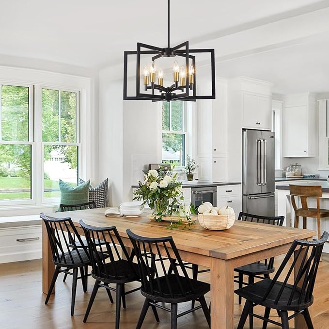Dining Room Light Fixture,Farmhouse Geometric Chandeliers Black and Gold Kitchen Island Light,6-Light Modern Industrial Chandelier for Foyer Entryway Stairway,UL-Listed