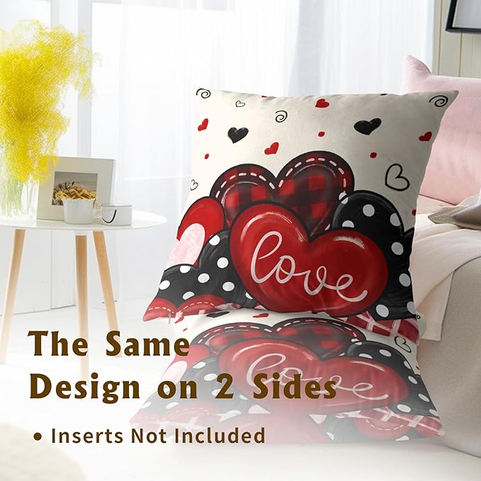 Love Themed Pillow Covers Set of 2, 22x22 Inch Romantic Accent Red Black Checkered Buffalo Hearts Pillowcases or for Couch Sofa Bed House Porch Outdoor Holiday Home Decor