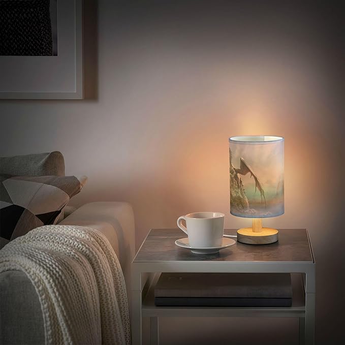 Table Lamp Dragon on Rock Nightstand Lamp with Wood Base Fabric Lamp Shade Bedside Desk Lamp for Living Room Bedroom Kids Room Office