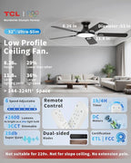TCL 52" Low Profile Ceiling Fan with Light, Slim, Black, Flush Mount, DC Reversible Motor, 6 Speeds, Remote Control, Noiseless, Dimmable, LED Light, 3CCT, Modern Matte Black Ceiling Fan for Bedroom