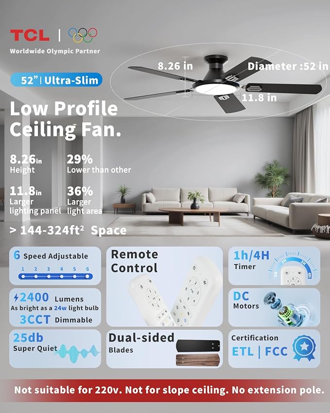 TCL 52" Low Profile Ceiling Fan with Light, Slim, Black, Flush Mount, DC Reversible Motor, 6 Speeds, Remote Control, Noiseless, Dimmable, LED Light, 3CCT, Modern Matte Black Ceiling Fan for Bedroom