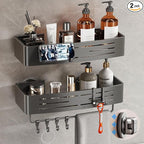 Voldra Shower Caddy Suction Cup, 2 Pack Shower Shelves for Inside Shower No Drilling, Aluminum Suction Showers Organizer with Towel Bar & Hooks Removable Bathroom Shelf Storage Rack(Gray)