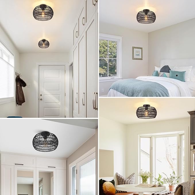 Boho Ceiling Lights Fixtures Black Rattan Chandelier Light Small Rattan Flush Mount Ceiling Lighting Hand-Woven Chandelier for Nursery Light Fixture Kitchen Bedroom Hallway