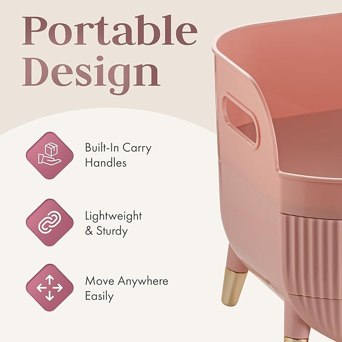Large Makeup Cosmetic Countertop - Cosmetic Organizer - Vanity, Bathroom Storage for Skin Care Organizer - Space-Saving Design with Drawers - Open-Top, Gold Accents, Portable Side Handles (Pink)