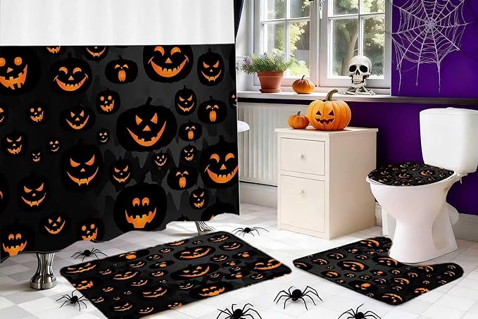 Hookless Halloween Shower Curtain Set with Rugs, Pumpkin Bathroom Halloween Decorations, U Shaped Rug, Toilet Lid Cover, Bath Mat, Waterproof Fabric Evil Pumpkin Design, 71" W x 74" L