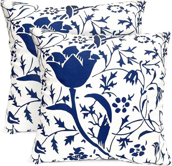 Decorative Throw Pillow Covers Set of 2 Blue Pillow Covers 20x20 inch Short Plush Couch Pillow Cases Floral Throw Pillows,Farmhouse Outdoor Pillow Covers for Sofa Living Room Cushion Covers