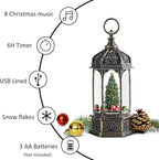 Christmas Snow Globes with Music,6H Timer Cylindrical Flashing Snow Ball,Bronze Musical Box Including 8 Songs,Glitter Snowflakes Lantern with Christmas Tree Xmas Decor Gift