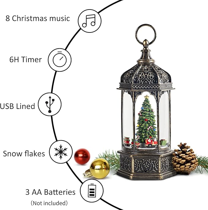 Christmas Snow Globes with Music,6H Timer Cylindrical Flashing Snow Ball,Bronze Musical Box Including 8 Songs,Glitter Snowflakes Lantern with Christmas Tree Xmas Decor Gift