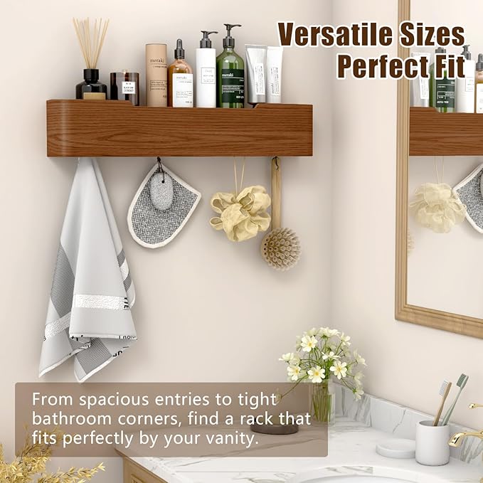Coat Hooks Wall Mount with Shelf, 4 Hidden Hooks, 16.5 Inch Entryway Organizer for Coats, Hats, Bags, Keys, Decorative Wall Hooks (Brown, 4 Hooks)