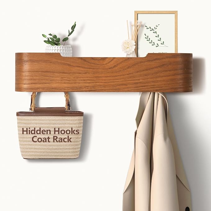 Coat Rack Wall Mount with Hidden Hooks Entryway Hanging Shelf Modern Wood Coat Hanger for Bedroom Kitchen Hallway Bathroom (Walnut, 16.6 Inch Long)
