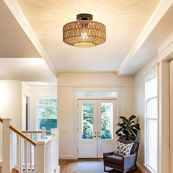 MAYNA 11.8" Rattan Ceiling Light Fixture, Hand-Woven Boho Light Fixtures Ceiling Mount, Mini Rattan Chandelier Light Fixture for Farmhouse Hallway Bedroom Kitchen Entryway, Bulb NOT Included