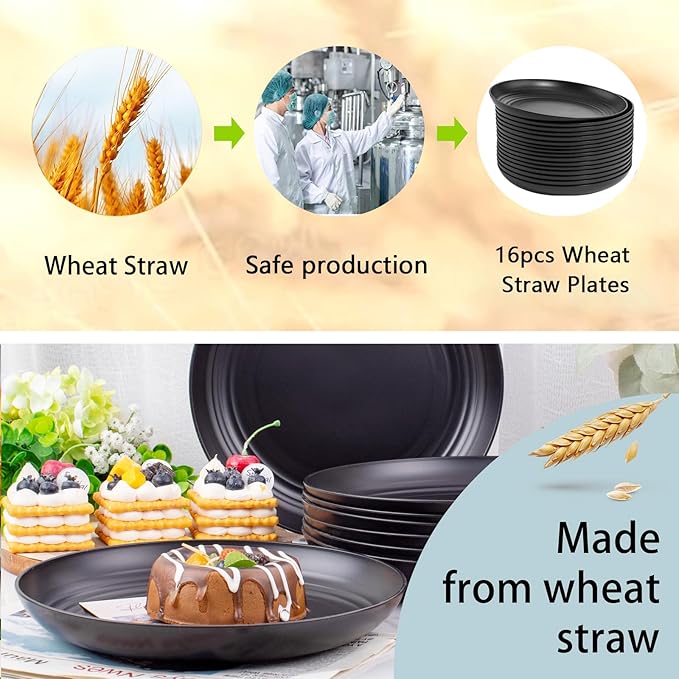 supernal 16pcs Black Wheat Straw Plates,10 inch Unbreakable Dinner Plates,Reusable Plastic Plates,Dishwasher & Microwave Safe,Lightweight Dinnerware Plat Set for Kitchen,Camping