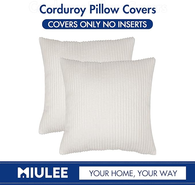 MIULEE Winter Pack of 2 Corduroy Pillow Covers Super Soft Throw Pillow Covers Striped Pillowcases for Sofa Bedroom Couch 20 x 20 Inch Pure White