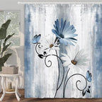 Rustic Farmhouse Shower Curtain, Farm Blue Daisy Floral Flowers and Butterfly on Country Wooden Shower Curtain for Bathroom, Turquoise Blue Bathroom Shower Curtains with 12PCS Hooks, 60X70IN
