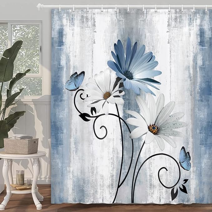 Rustic Farmhouse Shower Curtain, Farm Blue Daisy Floral Flowers and Butterfly on Country Wooden Shower Curtain for Bathroom, Turquoise Blue Bathroom Shower Curtains with 12PCS Hooks, 60X70IN