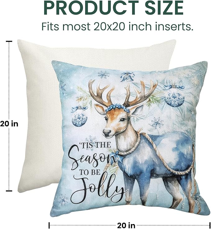 Christmas Throw Pillow Covers 20x20 Set of 4,Merry Christmas Tree Reindeer Sleigh Snowman Blue and White Xmas Winter Holiday Decorative Pillowcase Farmhouse Home Decor for Sofa Couch Cushion