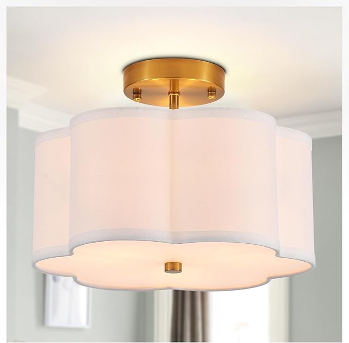 Modern Semi Flush Mount Ceiling Light Modern Gold 3-Lights Drum Ceiling Lighting Fixture Vintage Linen Golden Ceiling Lamp for Laundry Room, Kitchen, Basement, Dining Room, Bedroom