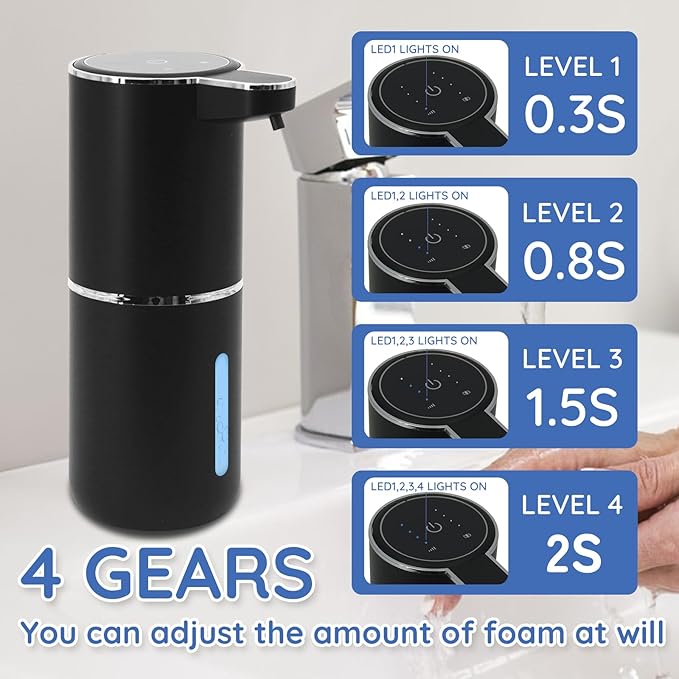 Foaming Soap Dispenser, Automatic Soap Dispenser, 13.5oz/400ml Automatic Soap Dispenser Touchless, USB Rechargeable 4 Level Adjustable Electric Hand Soap Dispenser, for Bathroom, Kitchen,Hotel(Black)