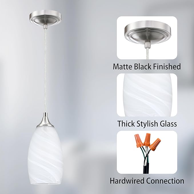 3 Pack 1 Light Indoor Mini Hanging Kitchen Island Pendant Lamps 4.8" Handcrafted Frosted Glass Chandelier Shade Brushed Nickel Finish Bar Dining Room Over Sink
