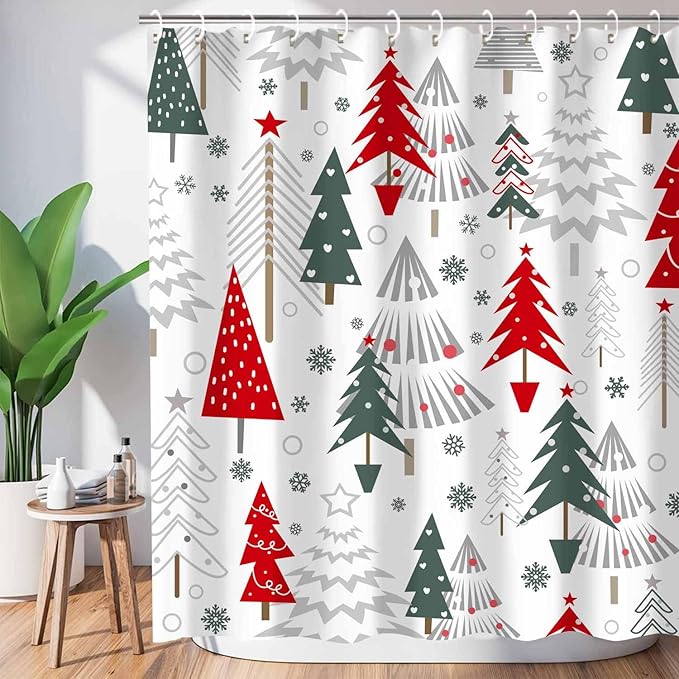 Christmas Shower Curtain Merry Xmas Tree Shower Curtains Sets Winter Farmhouse Holiday Polyester Waterproof Fabric Washable Decorative Bathroom Curtain 72" x 72" with 12 Hooks