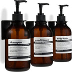MaisoNovo Shampoo and Conditioner Dispenser - Shower Soap Dispenser Wall Mounted - 16.9 fl oz Set of 3 Amber Plastic Bottles Black Pump - 3 Chamber No Drill