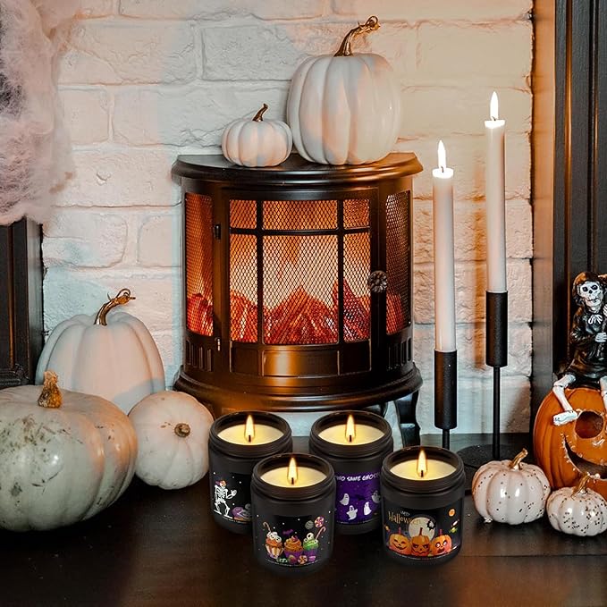 4 Pack Black Halloween Scented Candles -7oz Soy Wax Candles with Essential Oils (Rosemary, Vanilla, Gardenia, Lavender) -for Halloween, Christmas, Home Decor