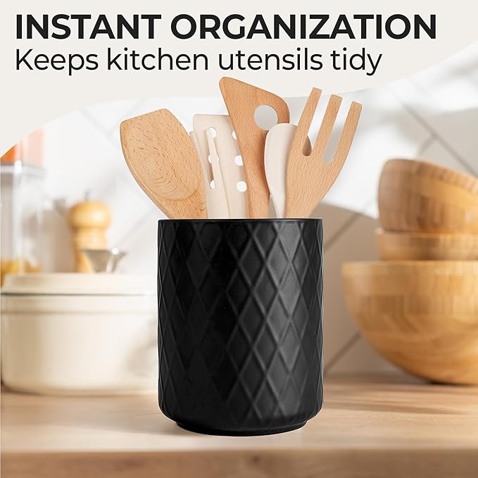 MIAMIO – Kitchen Utensil Holder Ceramic/Kitchen Organizer Set, Farmhouse Decor for Organizing Countertop and Storing Cutlery, Cooking Spoons, and Accessories - Palmanova Collection (Black)