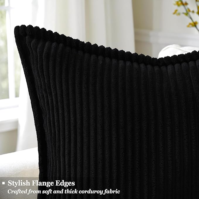 decorUhome Corduroy Black Throw Pillow Covers 16x16 Set of 2 Decorative Soft Boho Farmhouse Euro Couch Pillow Covers for Living Room Bed Sofa Broadside Striped Pillow Cases