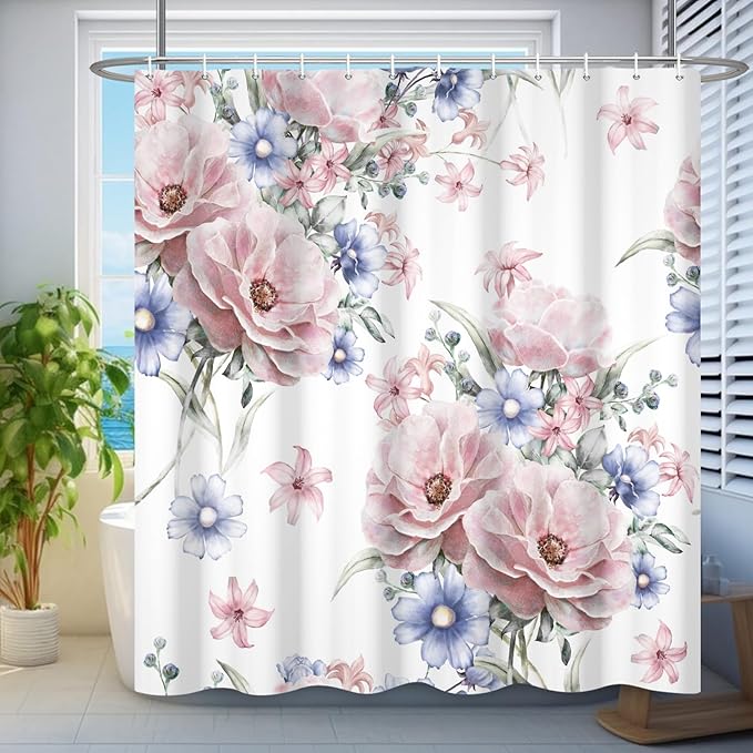 Colorful Floral Shower Curtain Watercolor Flower Modern Design Bathroom Curtain Girls Pretty Plant Decor Shower Curtain with Hooks Waterproof Polyester Fabric 72x96 Inch