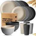 Teivio 16-Piece Kitchen Plastic Wheat Straw Dinnerware Set, Service for 4, Dinner Plates, Dessert Plate, Cereal Bowls, Cups, Unbreakable Plastic Outdoor Camping Dishes,Gray Stone