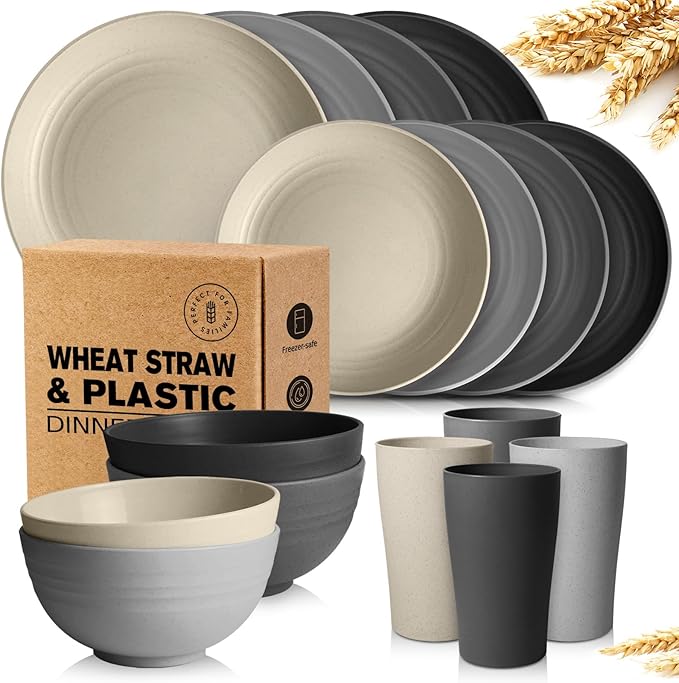 Teivio 16-Piece Kitchen Plastic Wheat Straw Dinnerware Set, Service for 4, Dinner Plates, Dessert Plate, Cereal Bowls, Cups, Unbreakable Plastic Outdoor Camping Dishes,Gray Stone